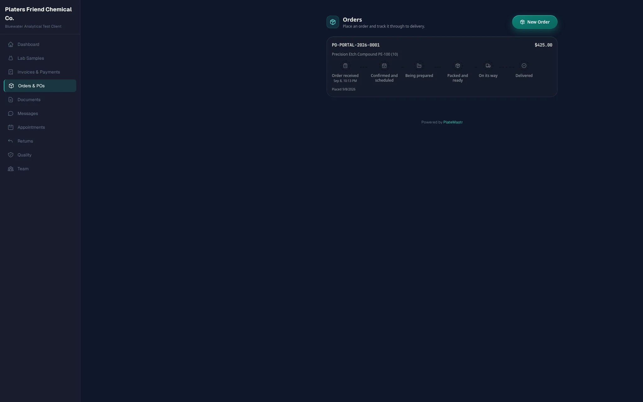 A customer's branded portal showing order status and lab sample progress