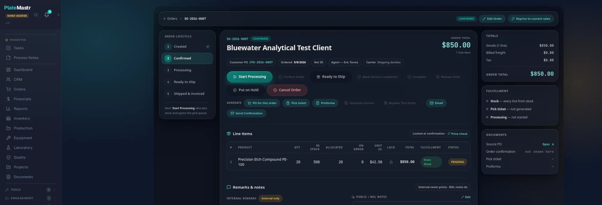 A sales order turning into an invoice inside PlateMastr's ERP